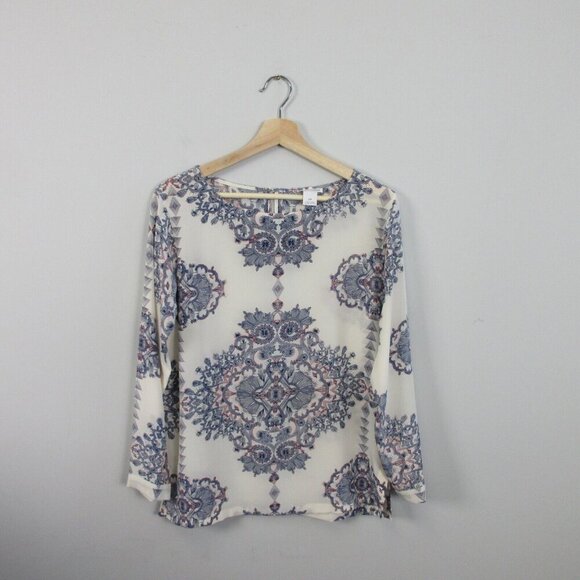 Club Monaco Silk Blouse Women S White Blue Paisley Print Long Sleeve Casual 72 - Picture 1 of 9